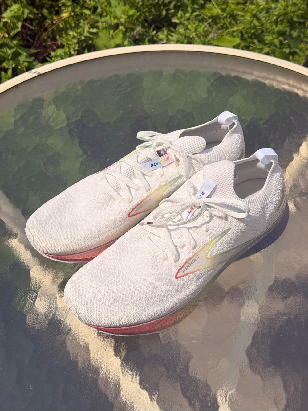 Brooks Women's White Knit Running Shoes with Rainbow Accent